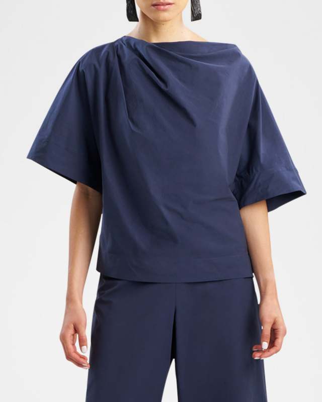Gathered Elbow-Sleeve Taffeta Blous